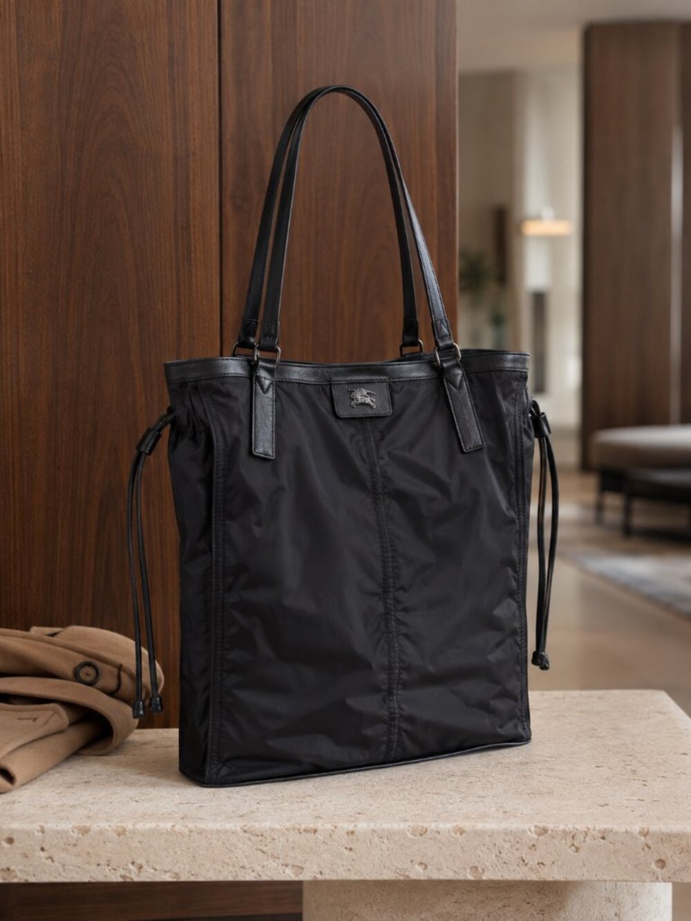 Burberry Black Nylon Leather Tote Bag Large Shoulder Purse Drawstring Designer